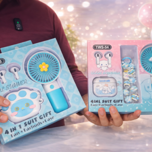 🌸 Cool Summer 4-in-1 Gift Set – Mini Fan + TWS Earbuds + Cute Case (TWS-53 / TWS-54)